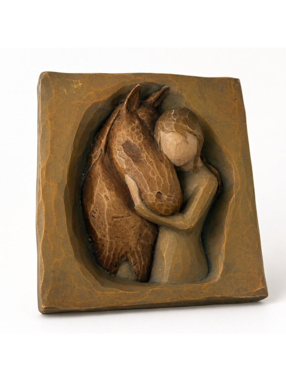 Horse & Girl Relief Plaque Wall Art Sculpture 4"x4" Rustic Brown Finish